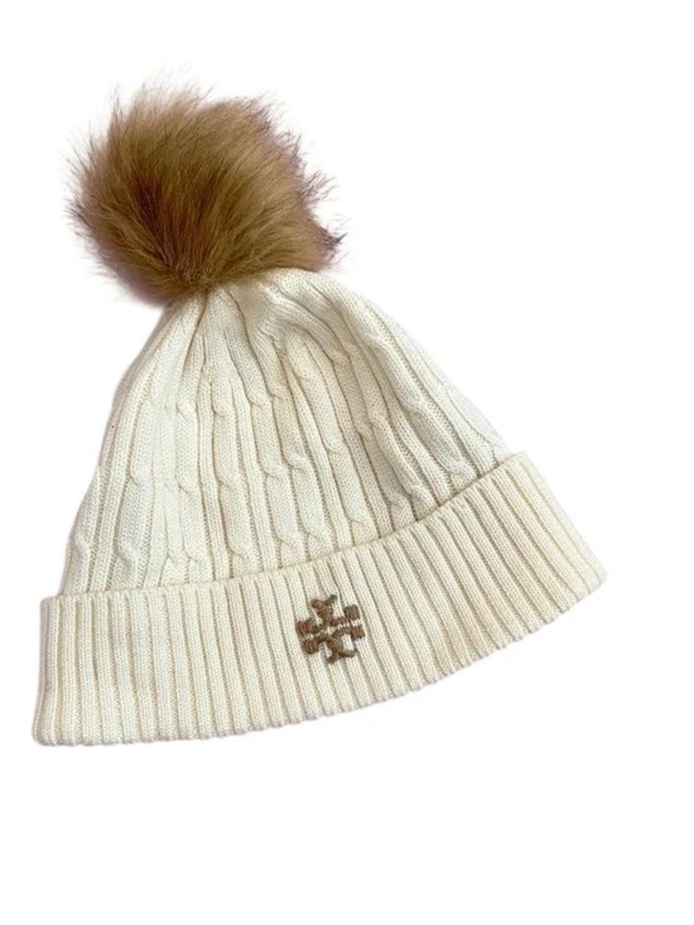 Tory Burch Cream Cable-Knit Beanie with Brown Faux-Fur Pom